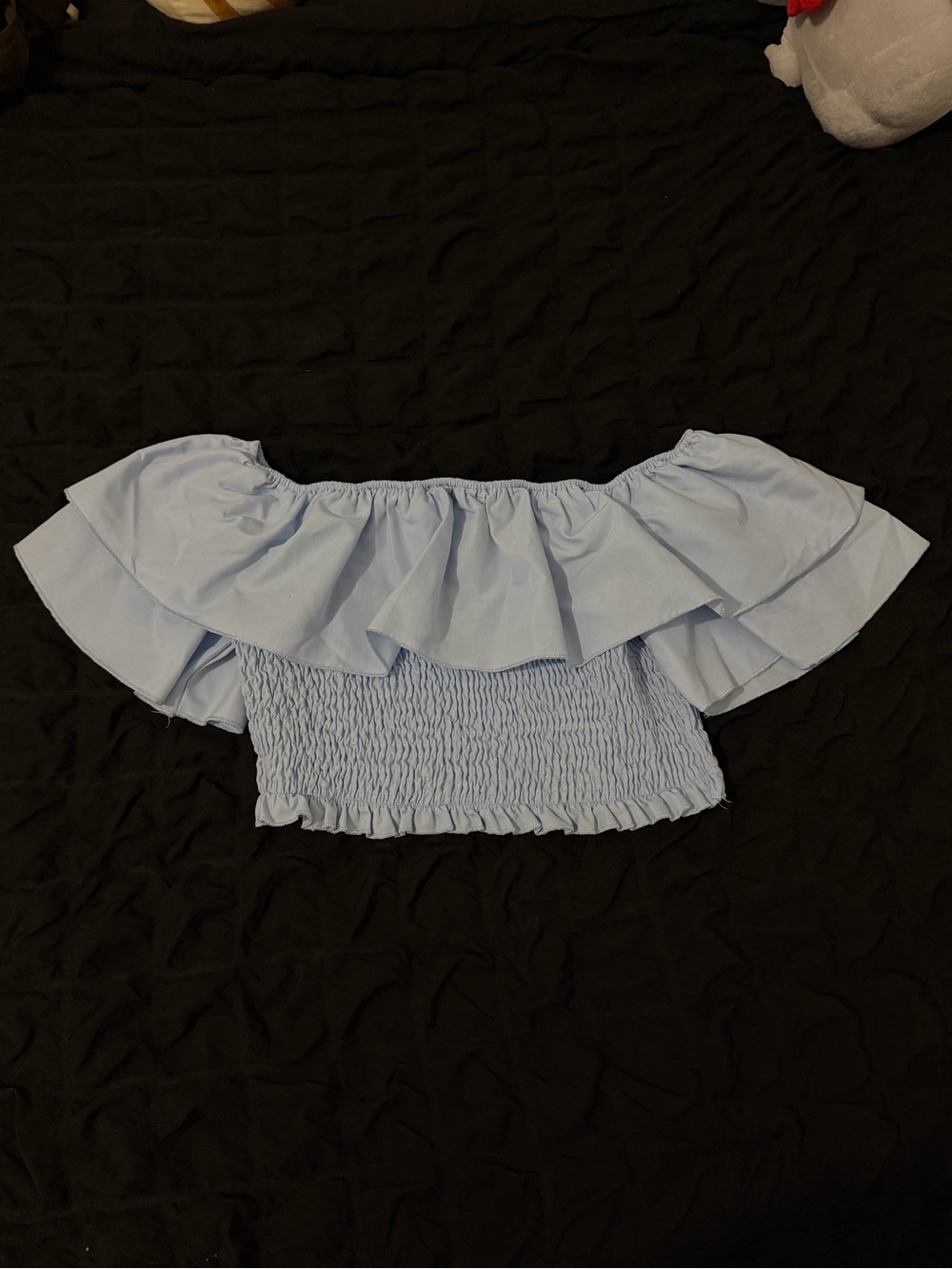 SHEIN Light Blue Off-Shoulder Smocked Ruffle Crop Top
